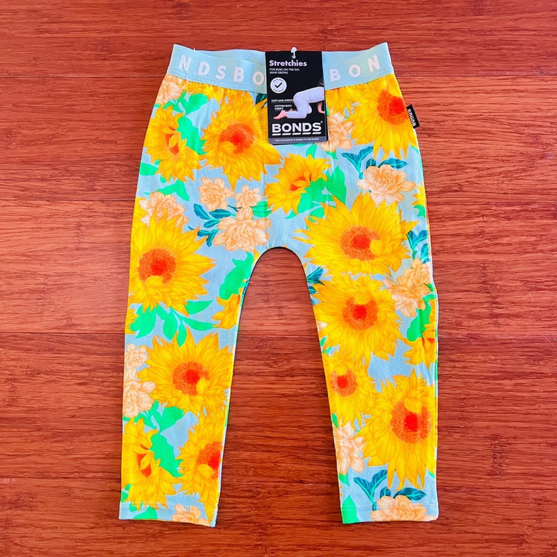 Baby sunflower floral leggings with pull-on elastic waist, blue with yellow sunflowers