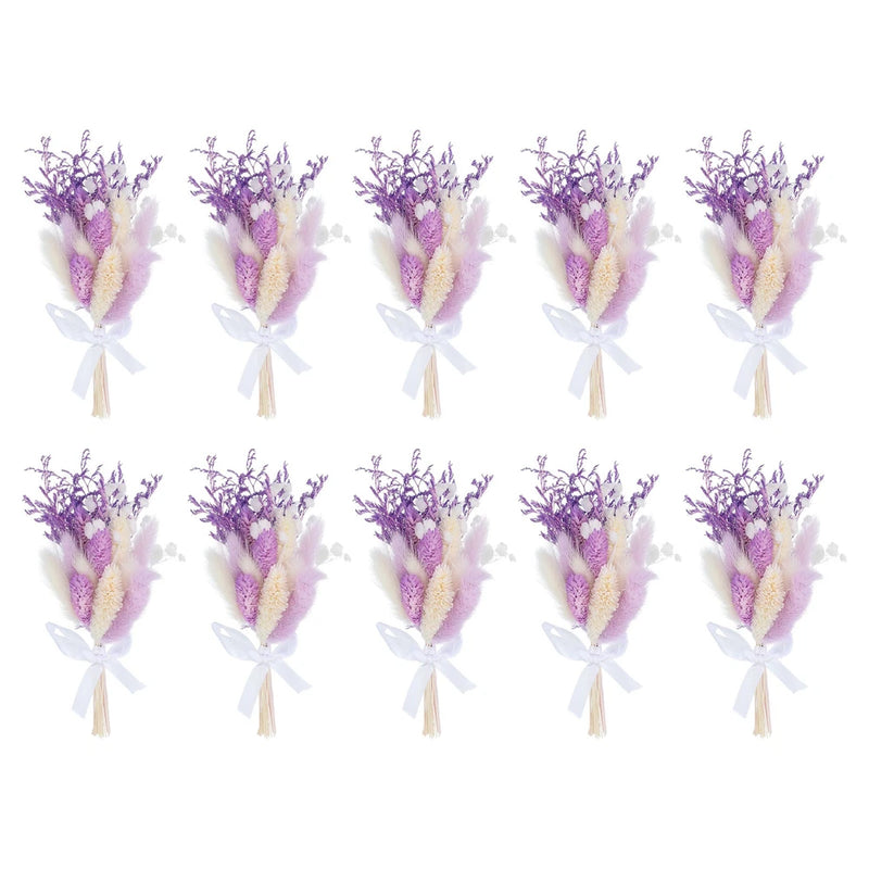 Set of 10 mini dried pampas grass bouquets with purple plumes and white ribbon bows