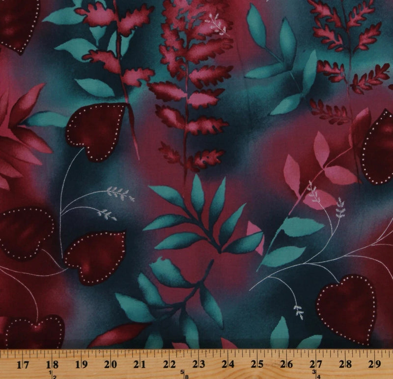 Cotton Floral Hearts Leaves Magenta Turquoise Silver 58" Wide Fabric BTY D464.34 Flowering Plants