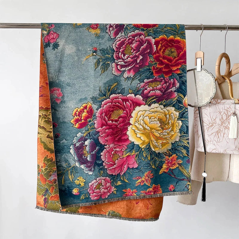 Floral pashmina shawl with large peony flowers on teal fabric, fringed edge