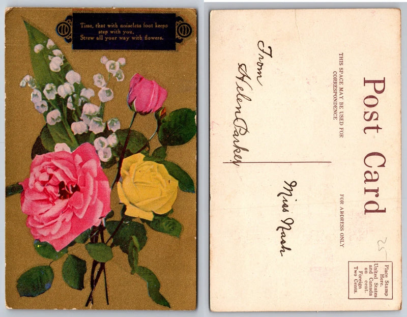 Vintage floral postcard with pink rose and yellow lily bouquet illustration