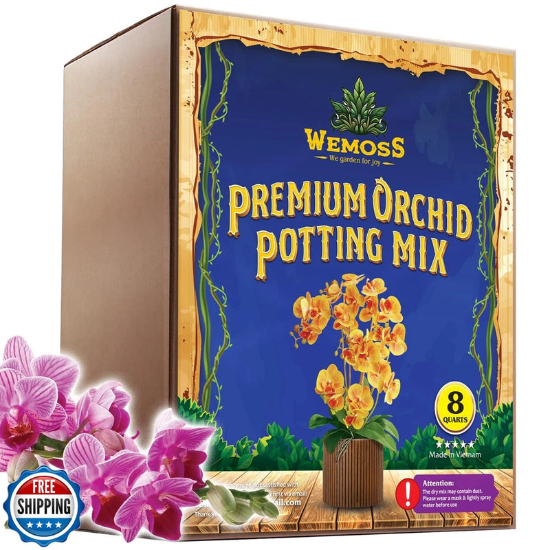 Wemoss premium orchid potting mix box, 8 quarts, with orchid and forest moss graphics