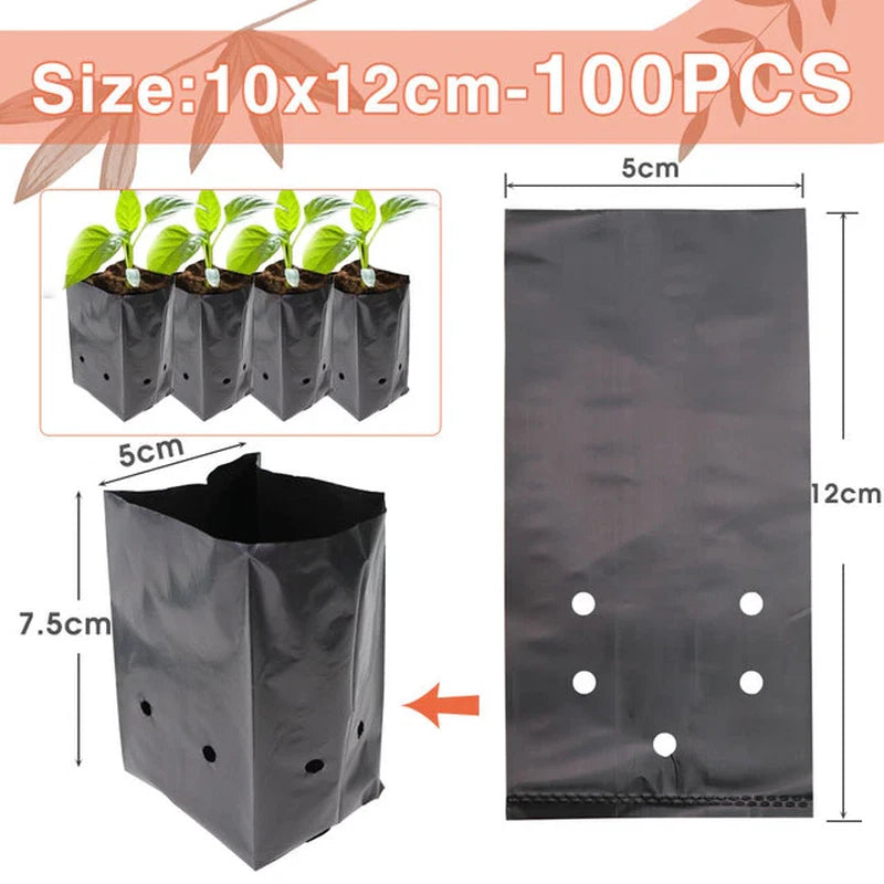 Black plastic seedling grow bag set, 10x12cm, with breathable holes for nursery plants