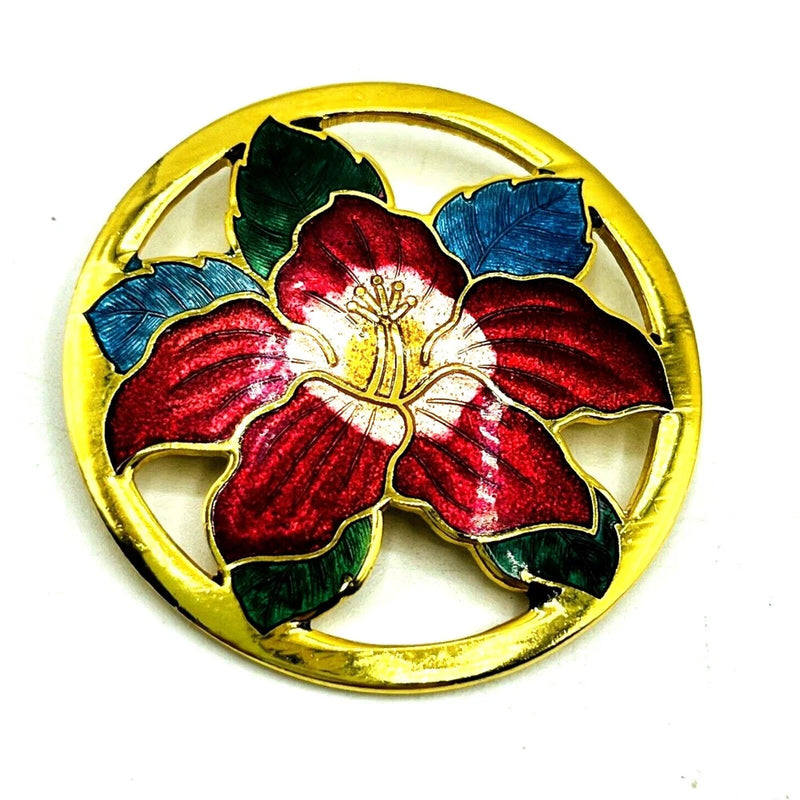 Vintage Red Lily Flower Enamel Cloisonne Round Gold Tone Brooch Pin 1.25" Lily