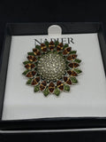 New Napier Brooch Pin Sunflower Gold Tone Lucite Crystals Green Enamel Signed_ Sunflower