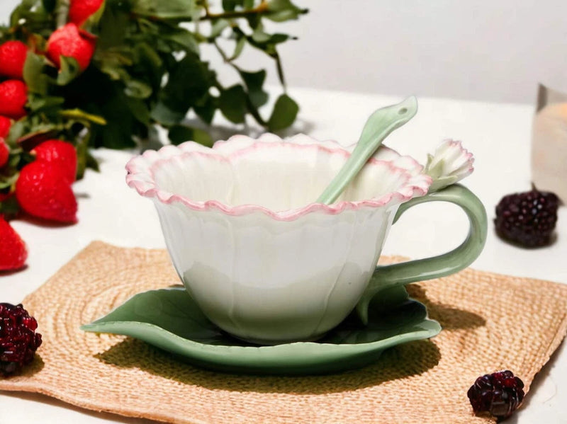 Mint ceramic carnation cup with matching saucer and spoon, scalloped rim