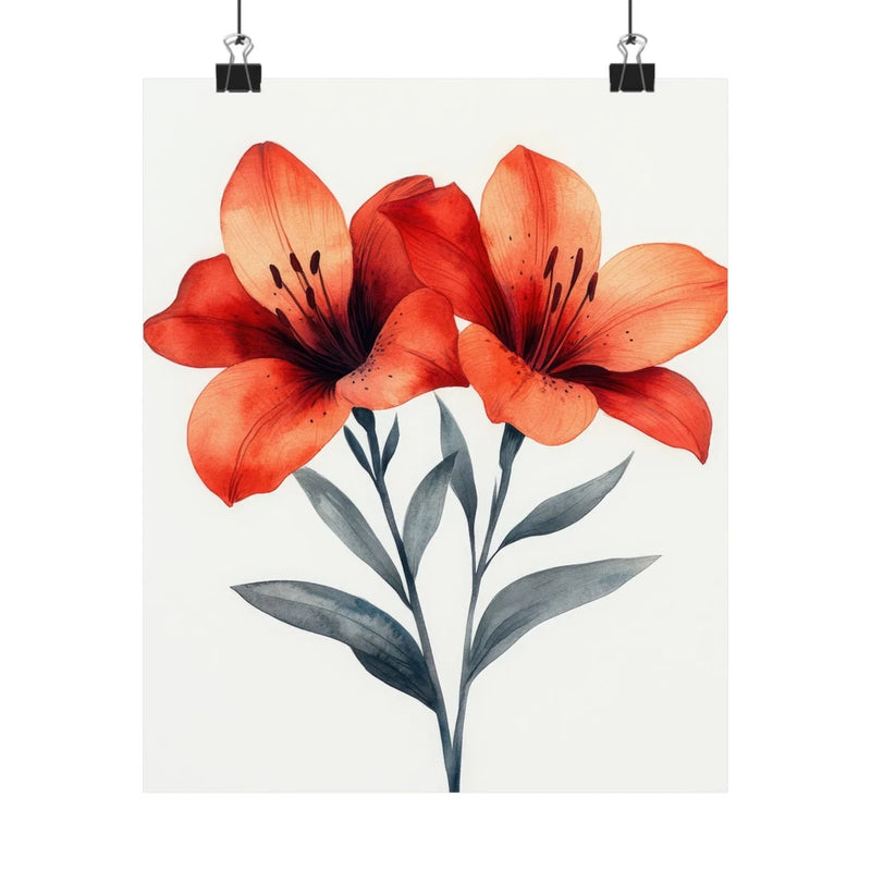 Floral art print poster with red and orange lily flowers and green leaves