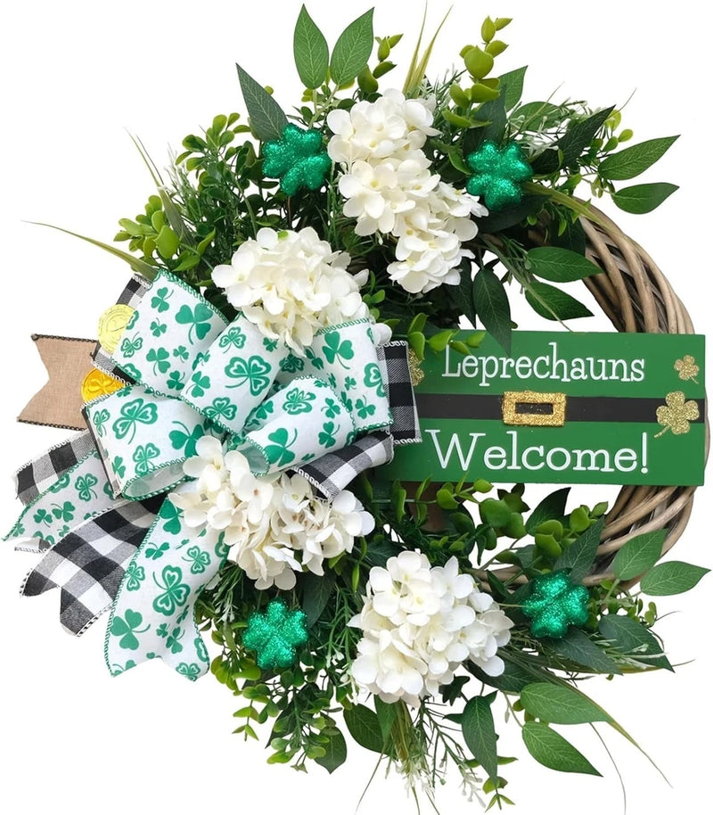 18" St. Patrick's Day Shamrock Wreath with Hydrangea and Bow for Home Decor Hydrangea
