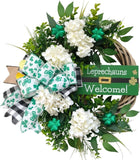 18" St. Patrick's Day Shamrock Wreath with Hydrangea and Bow for Home Decor Hydrangea