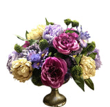 All Season Floral Arrangement Purple Cream Peony Hydrangea Iris Metal Pedestal Hydrangea