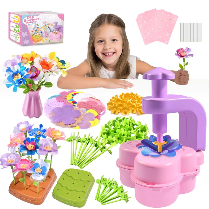 Kids DIY flower bouquet craft kit with purple-pink flower press and faux flowers