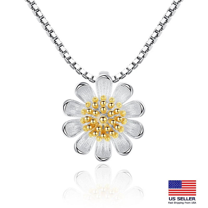 Fashion Women 925 Sterling Silver Necklace 3D Daisy Sunflower Pendant 1826 Sunflower