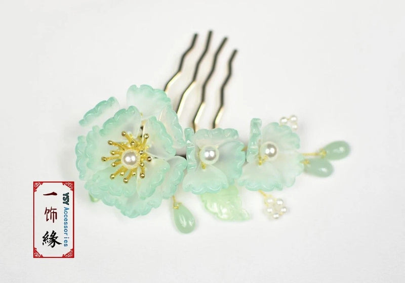 Light Low Key Green Crystal Peony Flower Chinese Wedding Bridal Hair Comb Peony