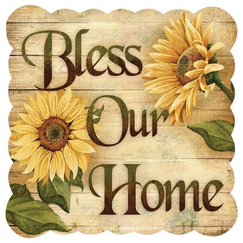 Sunflower metal home decor sign with rustic text 'Bless Our Home' and three flowers