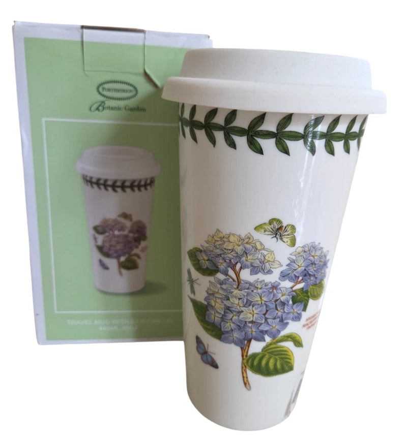 PORTMEIRION Travel Ceramic Coffee Cup With Silicone Lid Botanic Garden Hydrangea Hydrangea