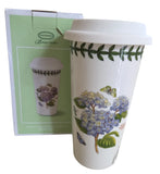 PORTMEIRION Travel Ceramic Coffee Cup With Silicone Lid Botanic Garden Hydrangea Hydrangea