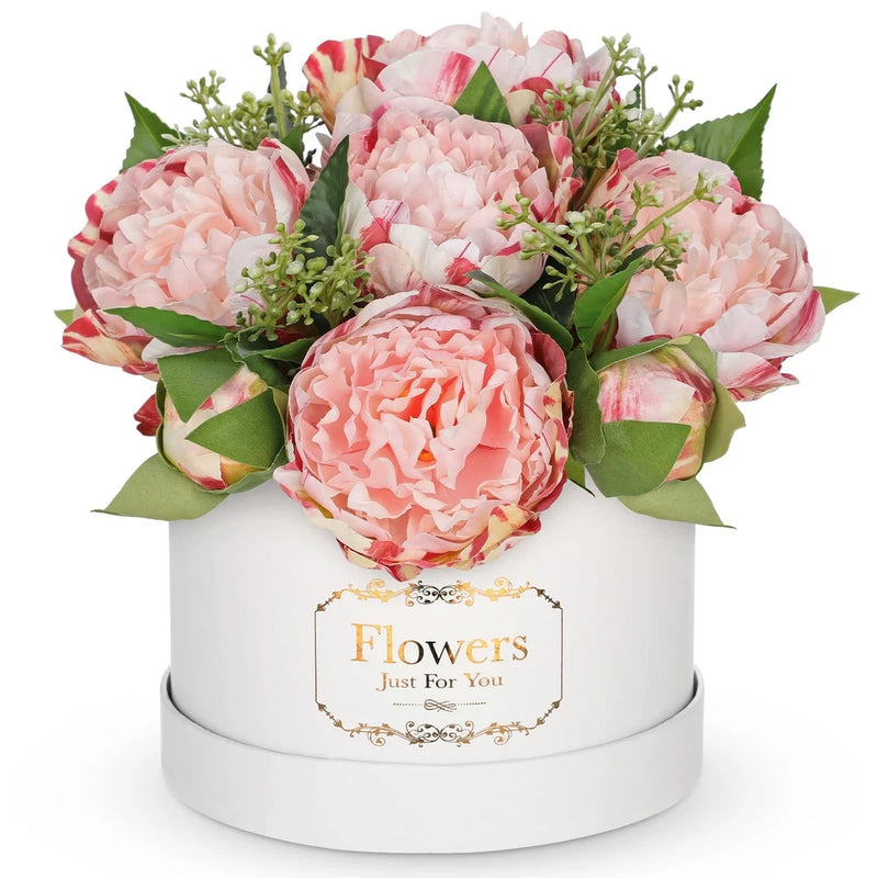 Pink peony artificial bouquet in white round gift box with Flowers Just For You label