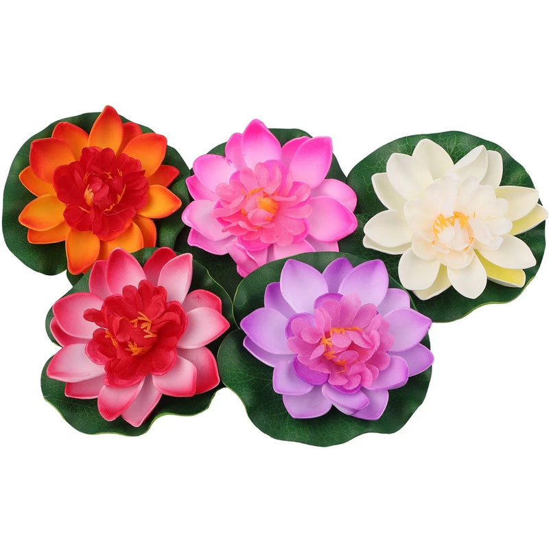 Artificial floating lotus water lily ornament set with 5 multicolor flowers and green pads