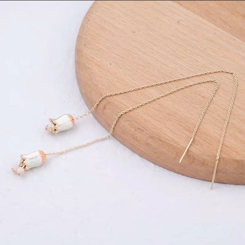 Enamel White Pink ÒLily Of The ValleyÓ Flower Gold Plated Threader Earrings Lily