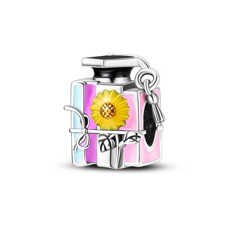 925 sterling silver perfume bottle charm with sunflower enamel and clasp ring