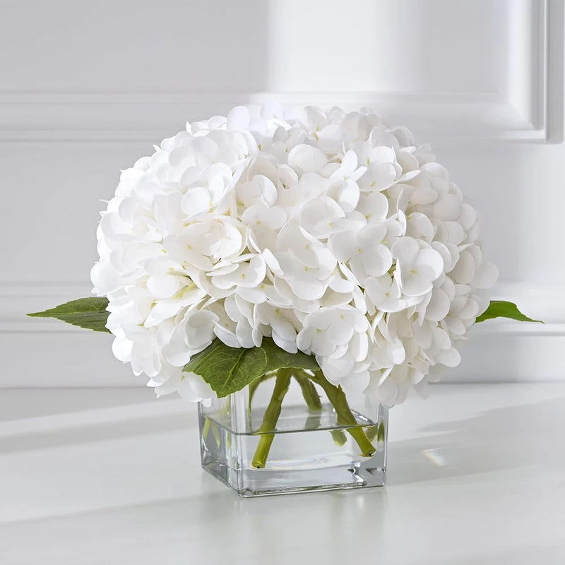 Luxury White Hydrangea in Glass Vase with Faux Water - Elegant Table Centerpiece Hydrangea