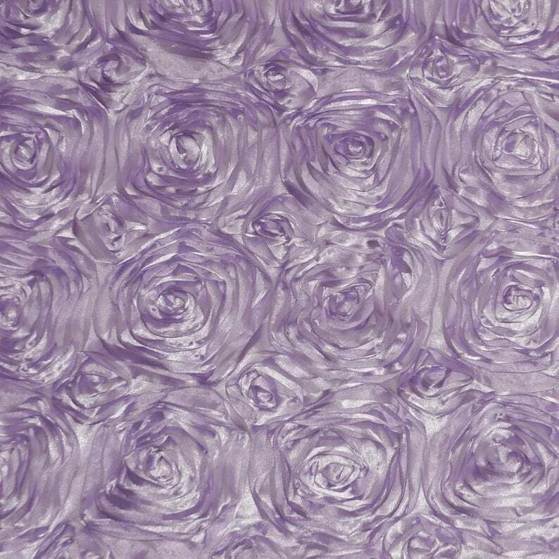 Lavender satin fabric with embossed rosette rose floral pattern