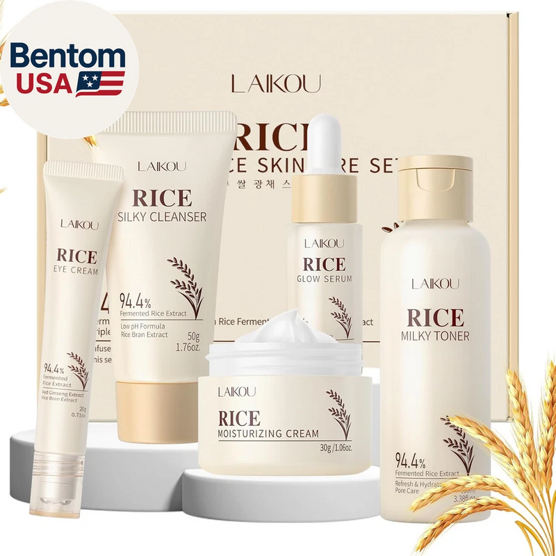 LAIKOU rice skincare set with cleanser, toner, glow serum, eye cream, and moisturizer jars