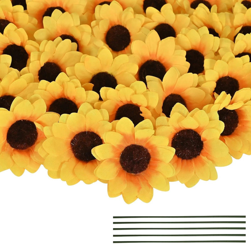 Artificial sunflower heads with stems, yellow and orange petals with dark brown centers