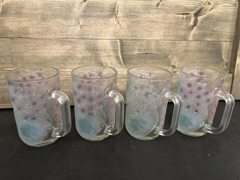 Vintage Hydrangea Frosted Glass Mugs Set of 4 Pink & Purple Hydrangea