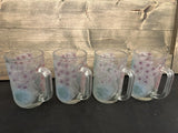 Vintage Hydrangea Frosted Glass Mugs Set of 4 Pink & Purple Hydrangea