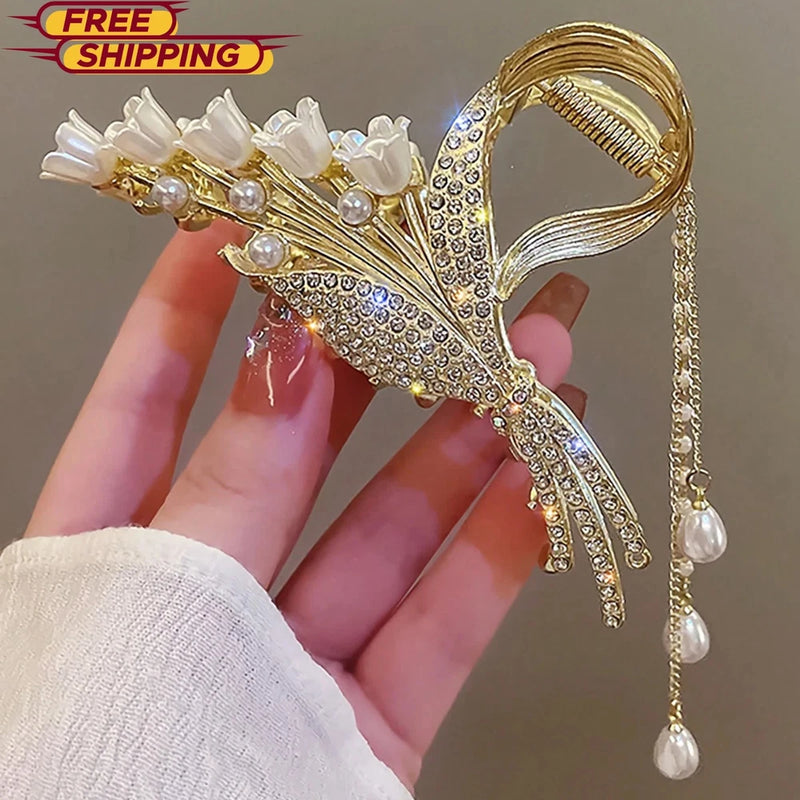 New Hair Claw Clips Pearl Chain Ear of Wheat Lily of the Valley Tassel for Women Lily