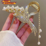 New Hair Claw Clips Pearl Chain Ear of Wheat Lily of the Valley Tassel for Women Lily