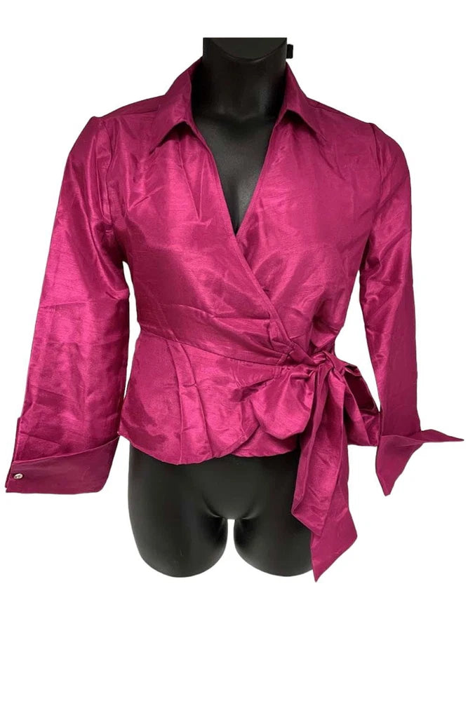 Pink tie-waist wrap shirt with V-neck, long sleeves, cropped evening top