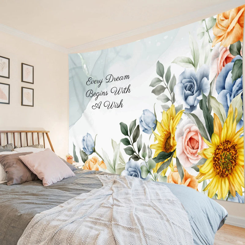 Yellow Sunflower and Blue Rose Floral TapestryÊforÊBedroomÊLivingÊRoomÊDorm Sunflower