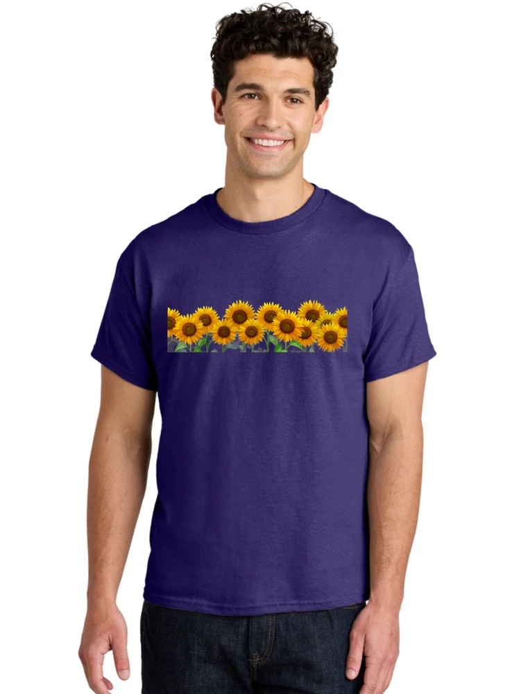 Row-Of-Sunflowers Mens Graphic Tee, 100% Cotton, Casual Summer Wear Sunflower