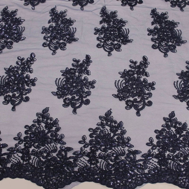 Brianna NAVY BLUE Polyester Floral Embroidery with Sequins on Mesh Lace Fabric Flowering Plants