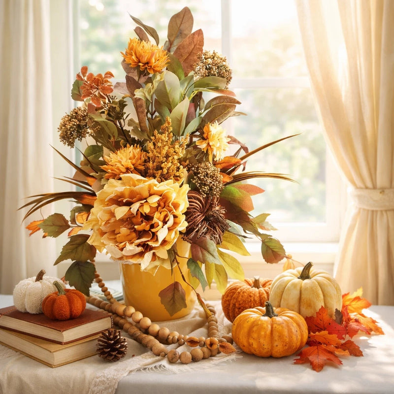 Dried fall floral arrangement with orange peony blooms in a gold-toned vase