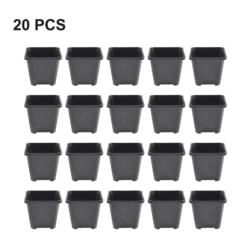Set of 20 dark gray plastic square plant pots, open tops for planting