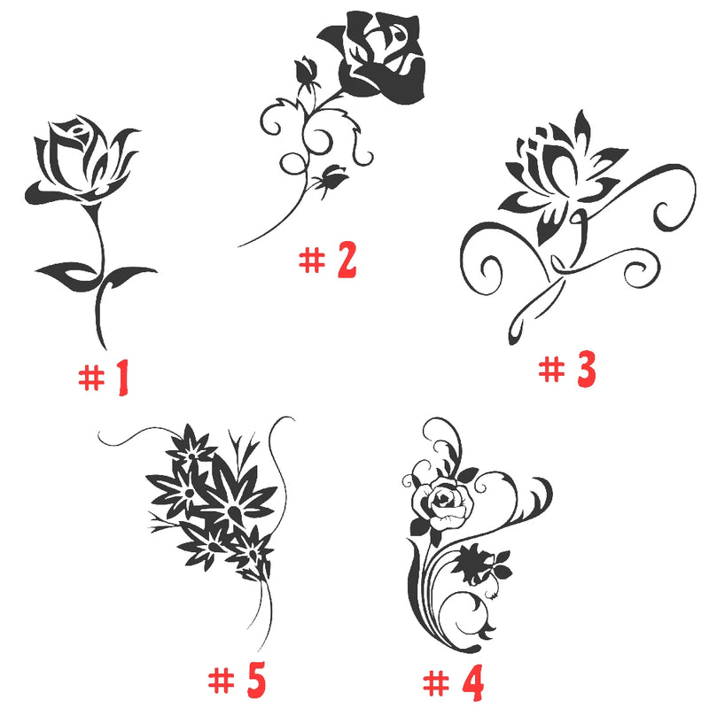 Set of 5 black rose and floral vinyl decal stickers with curled scroll designs