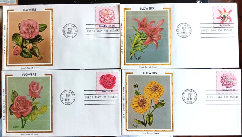 FLOWERS ROSE DAHLIA TULIP LILY CAMELLIA 1981 COLORANO SILK CACHET SET 4 FDCS UNA Lily