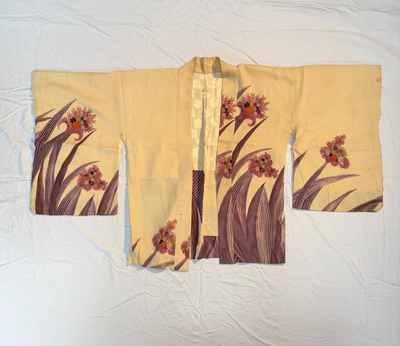 Vintage Japanese Haori Jacket Cream Silk Pampas Grass Painted Florals Shibori Pampas Grass