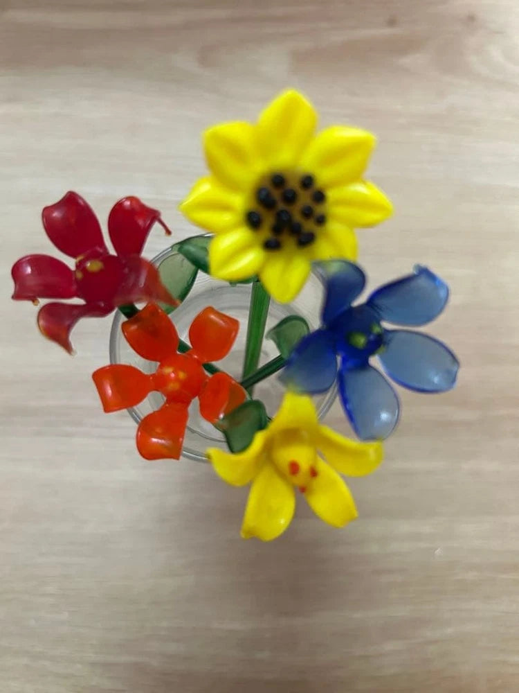 Set of 5 colorful glass flowers: yellow, blue, and red sunflower and blooms decor