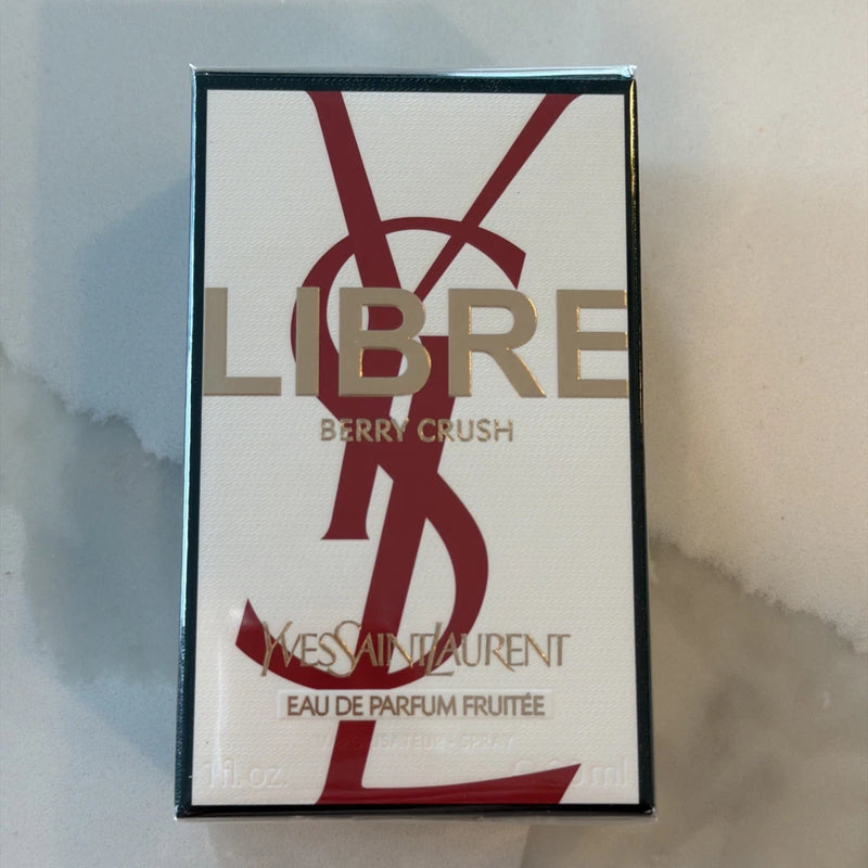Libre Berry Crush eau de parfum box, cream with burgundy logo and text