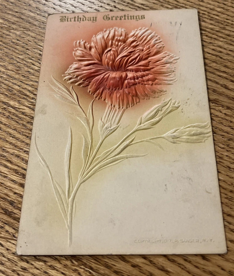 Vintage red carnation birthday greeting postcard with embossed flower
