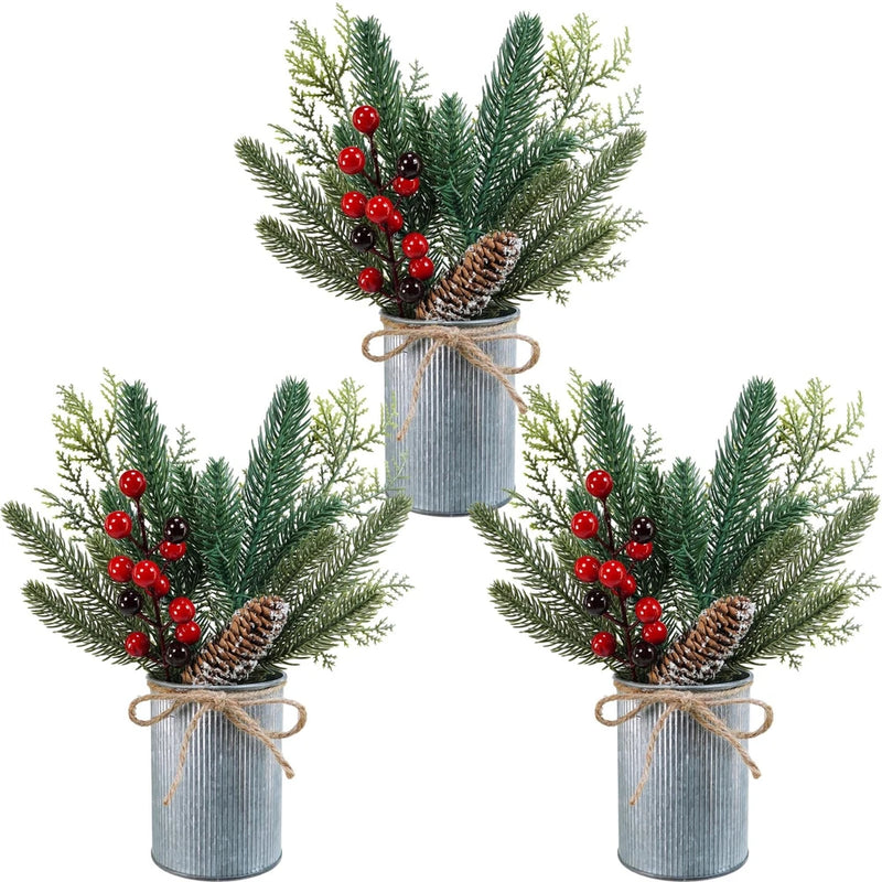3 Pack Christmas Artificial Potted Plants Christmas Greenery Red Berry and Sn... Green Plant