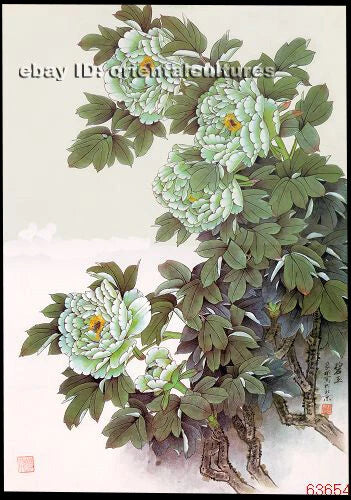 Peony embroidery kit design with pale blue flowers, green leaves, and branching stems