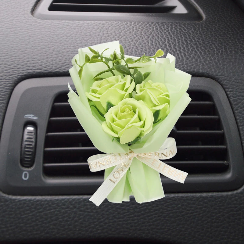 Light green dried flower car vent clip diffuser bouquet with bow ribbon