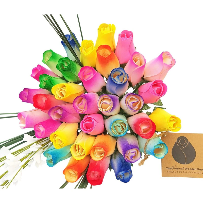 Colorful wooden rose bouquet with multicolor blooms and long stems