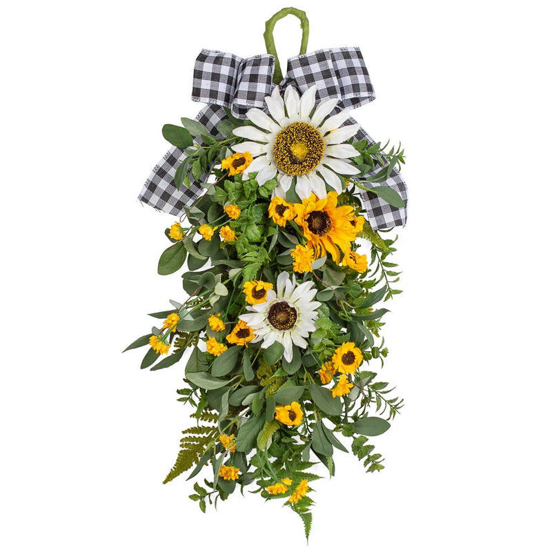 Artificial sunflower wall hanger with gingham check bow and mixed faux fall blooms