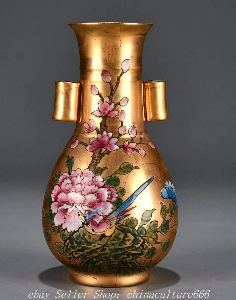 7" Old Dynasty Ru Kiln Color Porcelain Gilt Peony Flower Bird 2 Ears Bottle Vase Peony